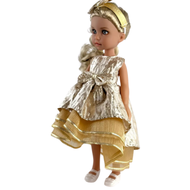 Păpușă Blondă Sennby Baby în Rochie Aurie Elegantă – 35 cm