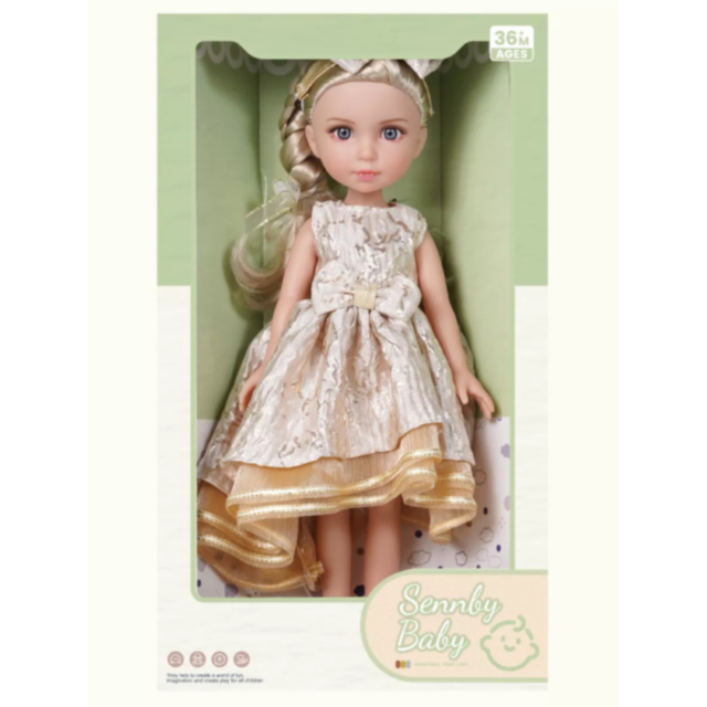 Păpușă Blondă Sennby Baby în Rochie Aurie Elegantă – 35 cm