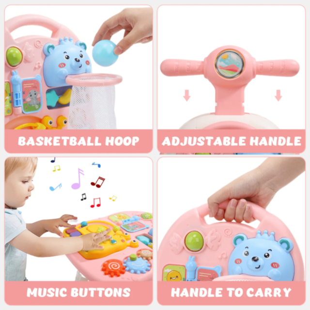 Premergător Muzical 3-în-1 pentru Bebeluși | Activități Educative și Masă de Joacă - Roz 