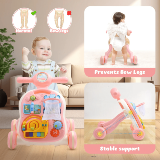 Premergător Muzical 3-în-1 pentru Bebeluși | Activități Educative și Masă de Joacă - Roz 