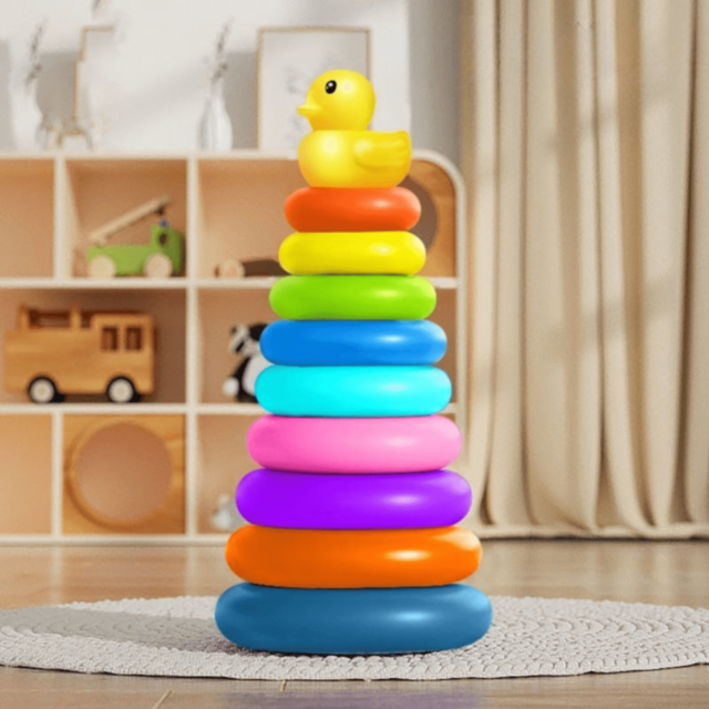 Turn de Stivuire Colorat cu 9 Inele și Rățușcă