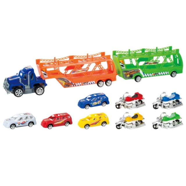 Camion transportor auto cu mașinuțe și motociclete set mare (culoare aleatorie)
