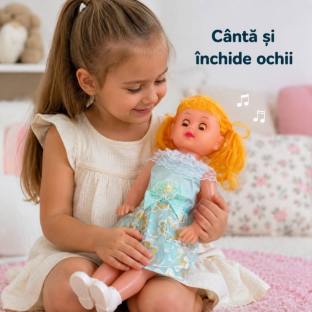 Păpușă muzicală 50 cm cu ochi care se închid
