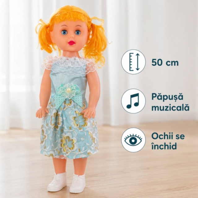 Păpușă muzicală 50 cm cu ochi care se închid