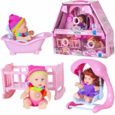 Set 3 Bebeluși cu Sunete Realiste cu Pătuc, Cadiță și Leagăn | image