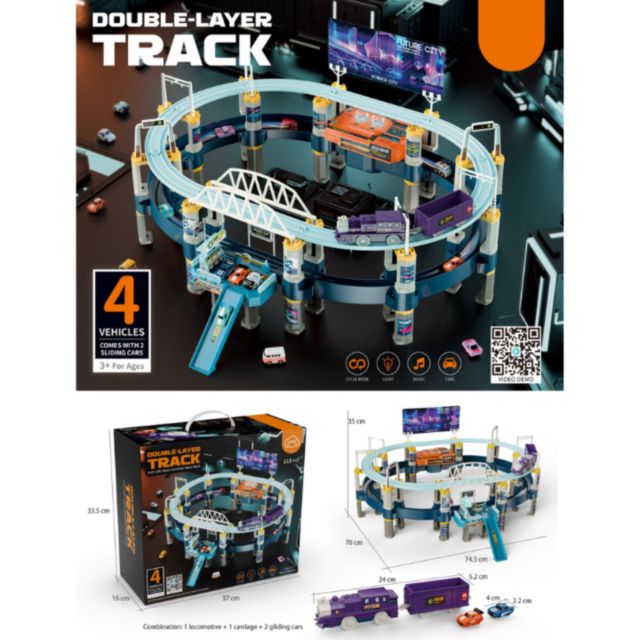 Pistă de Cursă pe Două Niveluri cu Mașini și Tren - Aventuri la Future City