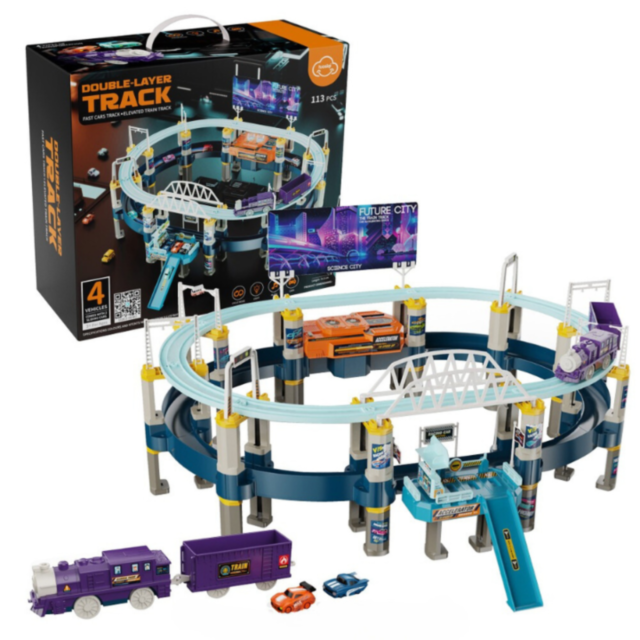Pistă de Cursă pe Două Niveluri cu Mașini și Tren - Aventuri la Future City