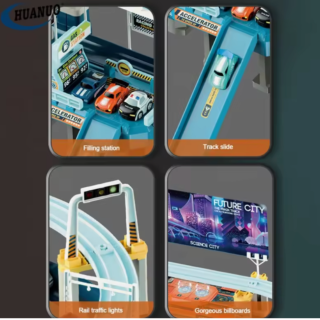 Pistă de Cursă pe Două Niveluri cu Mașini și Tren - Aventuri la Future City