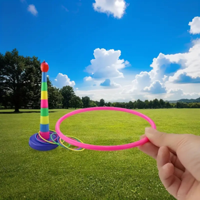 Set de Aruncat Inele Colorate pe Stativ – Joc de Îndemânare și Distracție pentru Copii și Familie